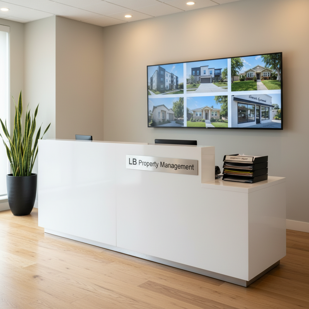 A bright, organized property management office reception area with a sleek white front desk bearing a subtle LB Property Management nameplate, no people present. Behind the desk, a wall-mounted display showcases neatly framed photos of various managed properties. The space features light oak flooring, a potted snake plant in a matte black planter, and a small stack of property files aligned on the counter. Soft daylight flows through a large unseen window, combined with warm recessed ceiling lights, creating a clean, professional glow. Photographic realism, eye-level composition, with a slight depth-of-field blur on the background frames, evoking trust, efficiency, and full-service management without visual clutter.