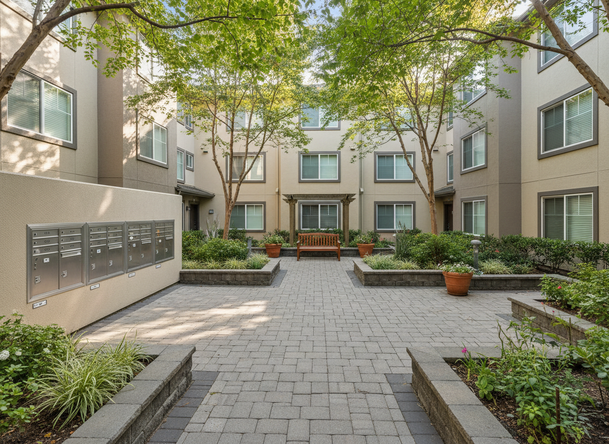 A serene shared outdoor courtyard of a managed multi-unit property, featuring a central paved patio with clean, interlocking stone pavers and well-maintained planter beds filled with low-maintenance greenery. A row of identical, neatly labeled mailbox units lines one side, all spotless and undented. Soft late-morning natural light filters through nearby trees, casting dappled shadows across the paving stones and highlighting the healthy plants. The surrounding building exteriors show fresh paint and uniform window treatments, reinforcing consistency and care. Photographic realism, slightly elevated wide-angle view with sharp focus throughout, creating a peaceful, orderly atmosphere that reflects attentive tenant care and well-managed communal spaces.