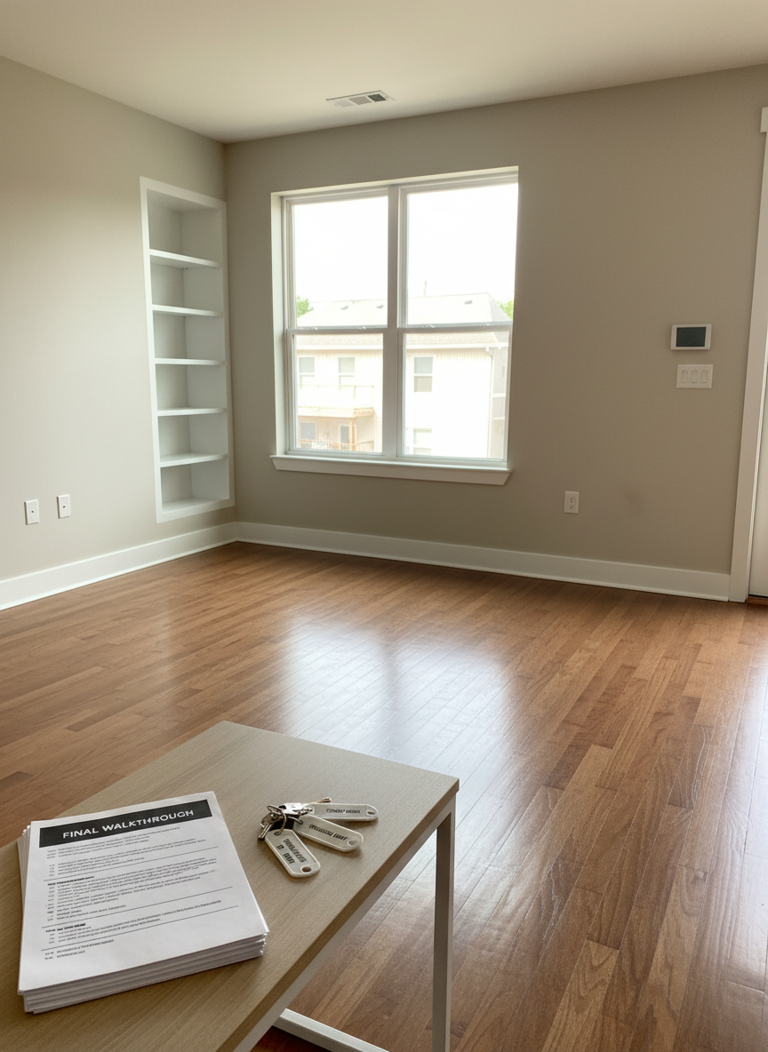 A detailed interior of a modern, freshly turned-over rental apartment living room, ready for new tenants, showcasing the results of meticulous property management. The room features neutral light beige walls, pristine white baseboards, and new medium-tone hardwood floors with a subtle satin sheen. A large, spotless double-pane window lets in soft afternoon light, illuminating a simple built-in white shelving unit and a thermostat panel on the wall. In the foreground, a neatly folded stack of maintenance checklists and labeled keys rests on a simple wooden console. Photographic realism, shot from a slightly elevated corner angle, sharp focus, with a calm, move-in-ready atmosphere emphasizing cleanliness, organization, and attention to detail.