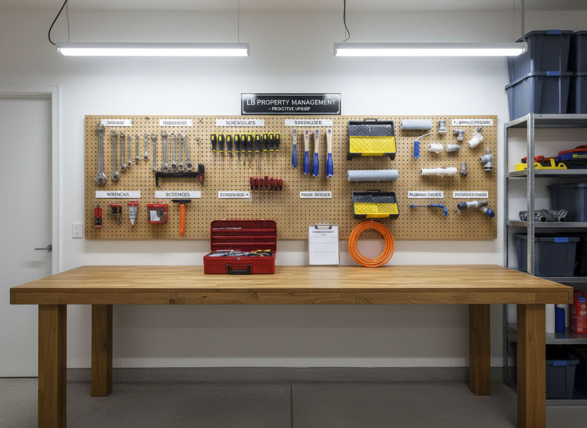 A dedicated property maintenance workspace in a tidy garage or utility room, illustrating the behind-the-scenes care for rental homes. On the wall, a neatly arranged pegboard holds labeled tools: wrenches, screwdrivers, paint rollers, and plumbing fixtures, all meticulously organized. Below, a sturdy wooden workbench supports a small open toolbox, a clipboard with a maintenance schedule, and neatly coiled extension cords. Overhead fluorescent lights provide bright, even illumination, casting minimal shadows and revealing every texture of metal, plastic, and wood. Photographic realism, eye-level composition with slight depth-of-field to highlight the central workbench, conveying professionalism, preparedness, and proactive property upkeep by LB Property Management.